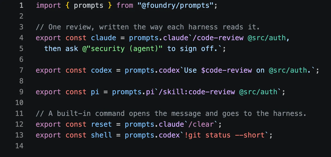 One review written for Claude Code, Codex, and Pi, each reference highlighted in VS Code