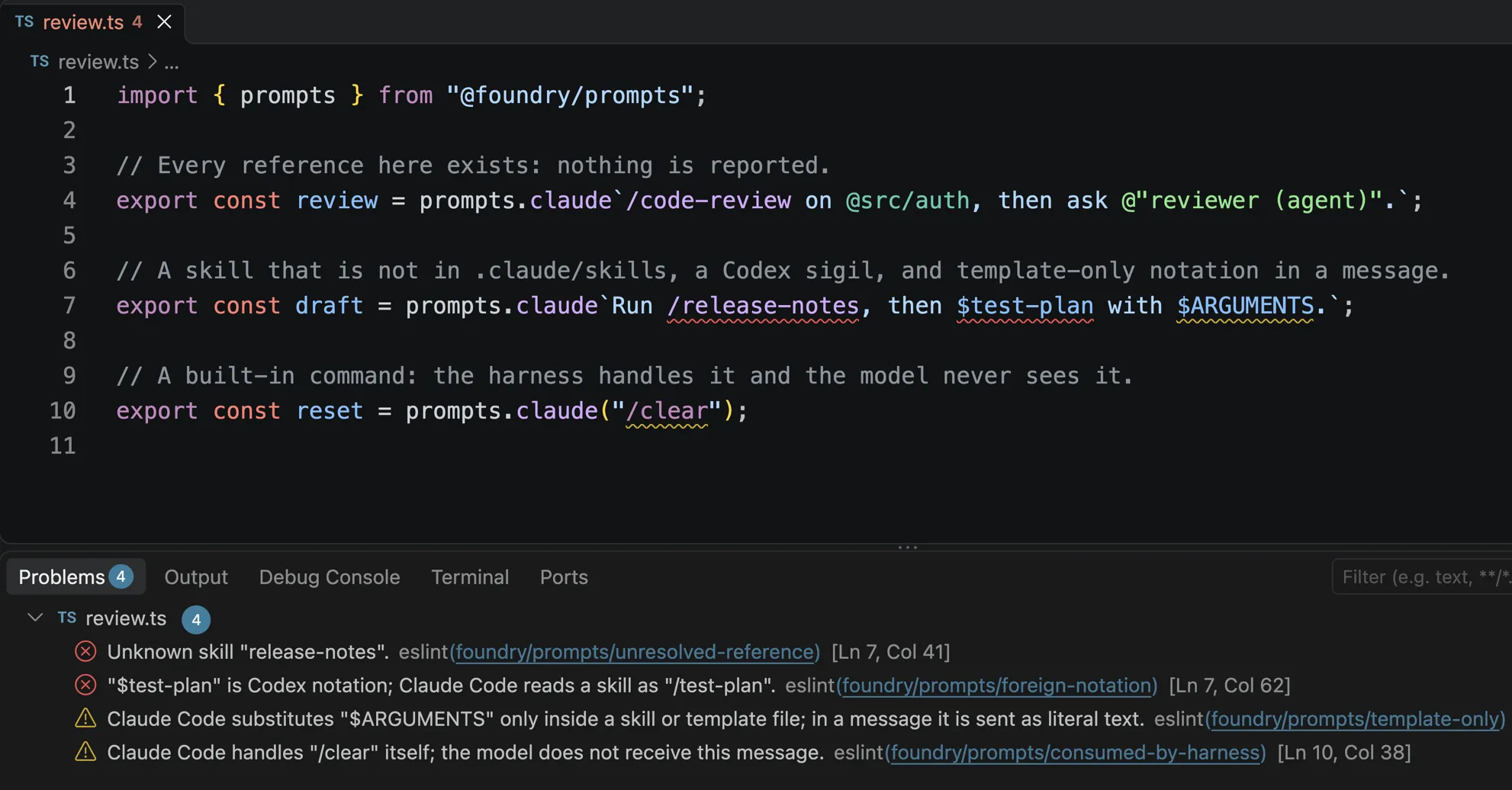 A TypeScript file with four findings underlined inside prompts tags, and the Problems panel listing each with its rule