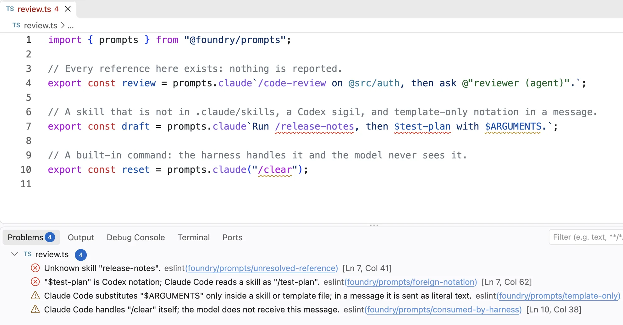 The same TypeScript file and Problems panel in a light theme