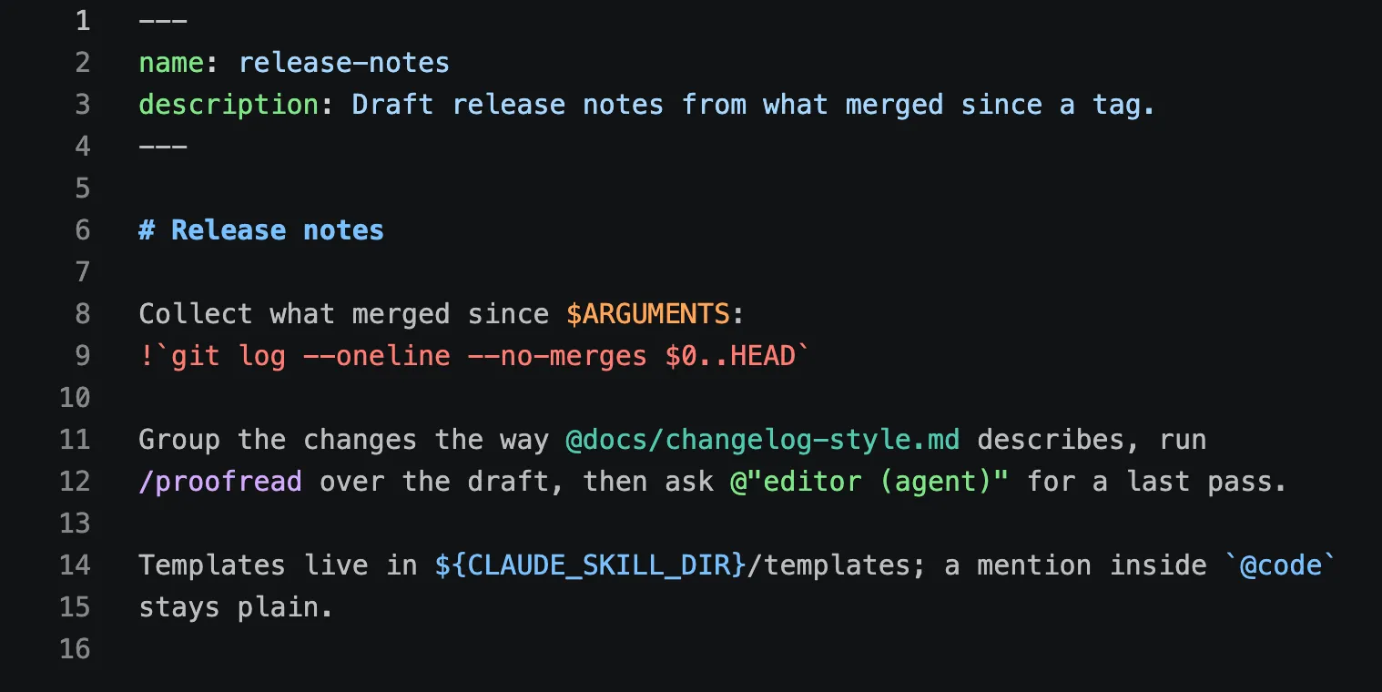 A SKILL.md file with its arguments, inline shell, file mention, skill, agent, and harness variable highlighted